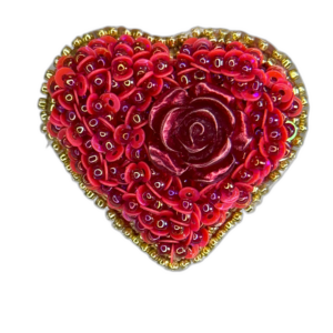 Red Rose Heart Brooch with Sequins, Beaded Heart Pin Rose Cabochon Gold Border, Handmade Valentine Jewelry Love Gift — lifestyle photo