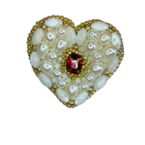 Pearl and Mother of Pearl Heart Brooch, Ivory White Beaded Heart Pin, Natural Pearl Jewelry, Romantic Bridal Brooch, Red Crystal Accent Heart, Handmade Pearl Gift for Her, Elegant Wedding Accessory, P.S. Jewelry — lifestyle photo