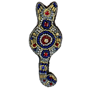 Royal Blue and Gold Cat Brooch, Beaded Animal Pin with Red Rhinestone, Whimsical Cat Lover Gift, Handmade Embroidered Jewelry, P.S. Jewelry — lifestyle photo