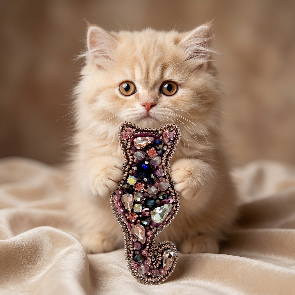 Handmade cat silhouette brooch, beaded and crystal brooch, gift cat brooch.