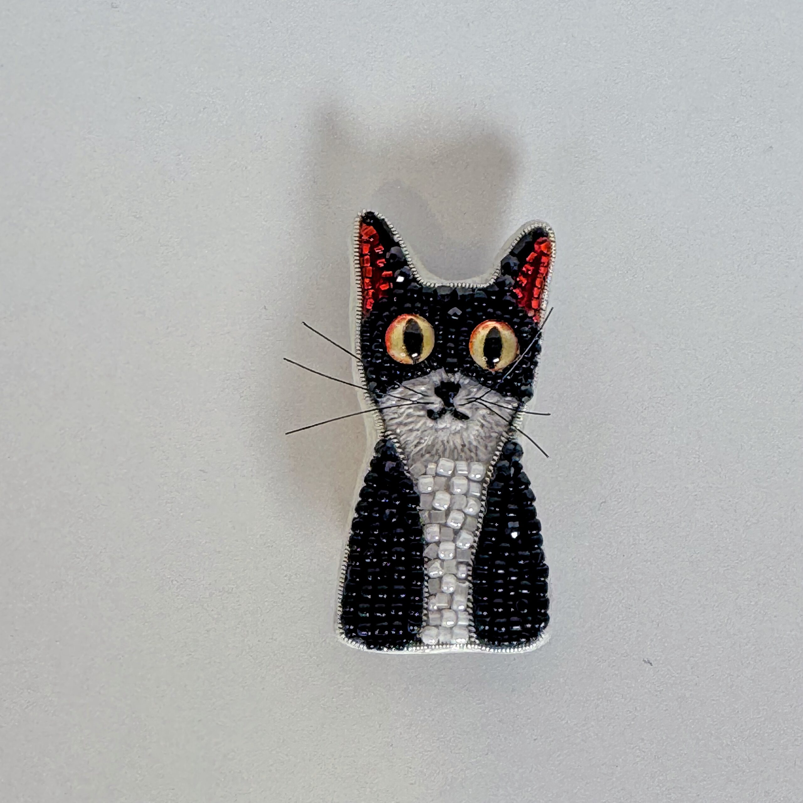 Black and White Tuxedo Cat Brooch with Red Ears, Beaded Kitten Pin, Handmade Embroidered Cat Jewelry, Whimsical Animal Brooch, Unique Cat Lover Gift, Hand-Stitched Kitten Accessory, P.S. Jewelry — view 1