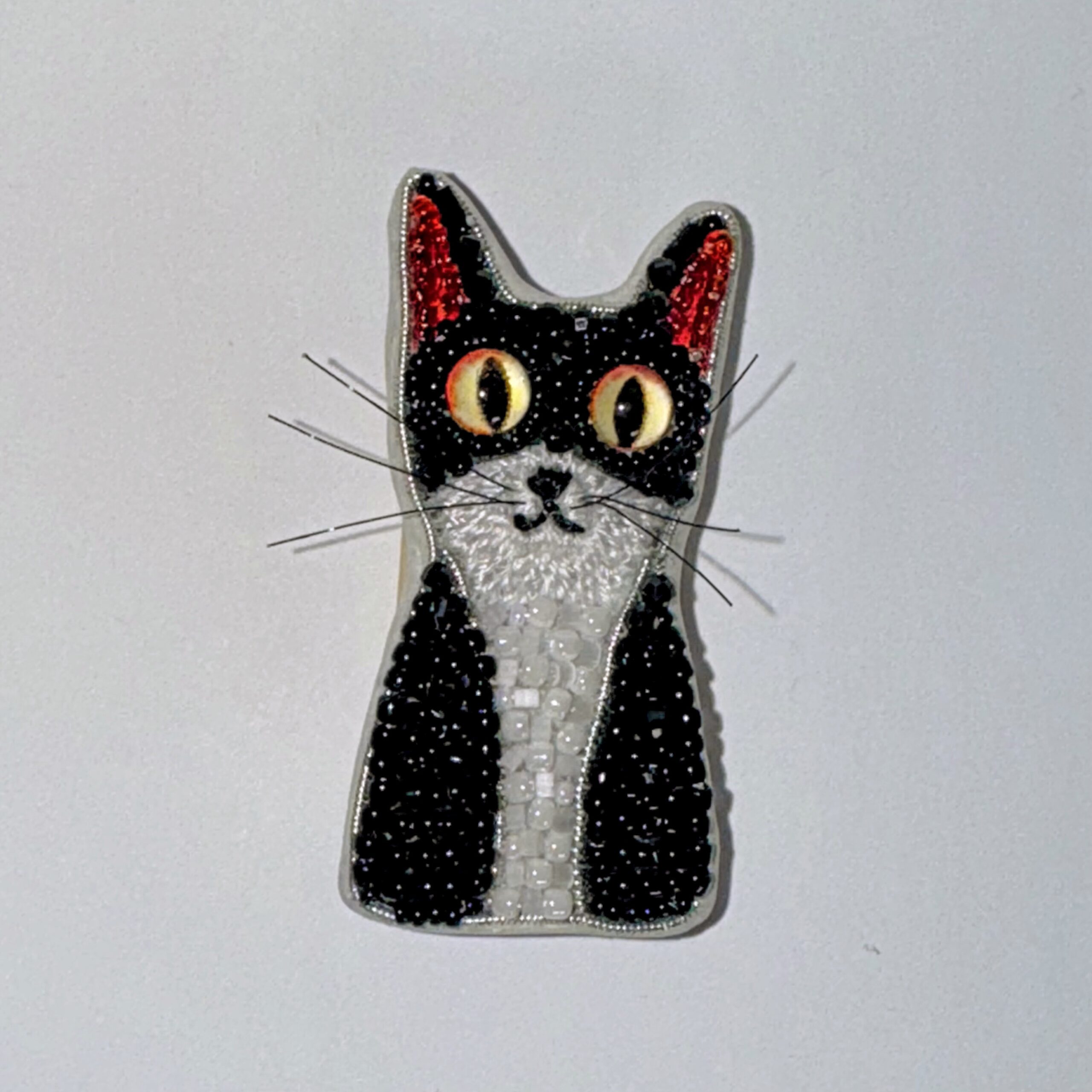 Black and White Tuxedo Cat Brooch with Red Ears, Beaded Kitten Pin, Handmade Embroidered Cat Jewelry, Whimsical Animal Brooch, Unique Cat Lover Gift, Hand-Stitched Kitten Accessory, P.S. Jewelry — view 2