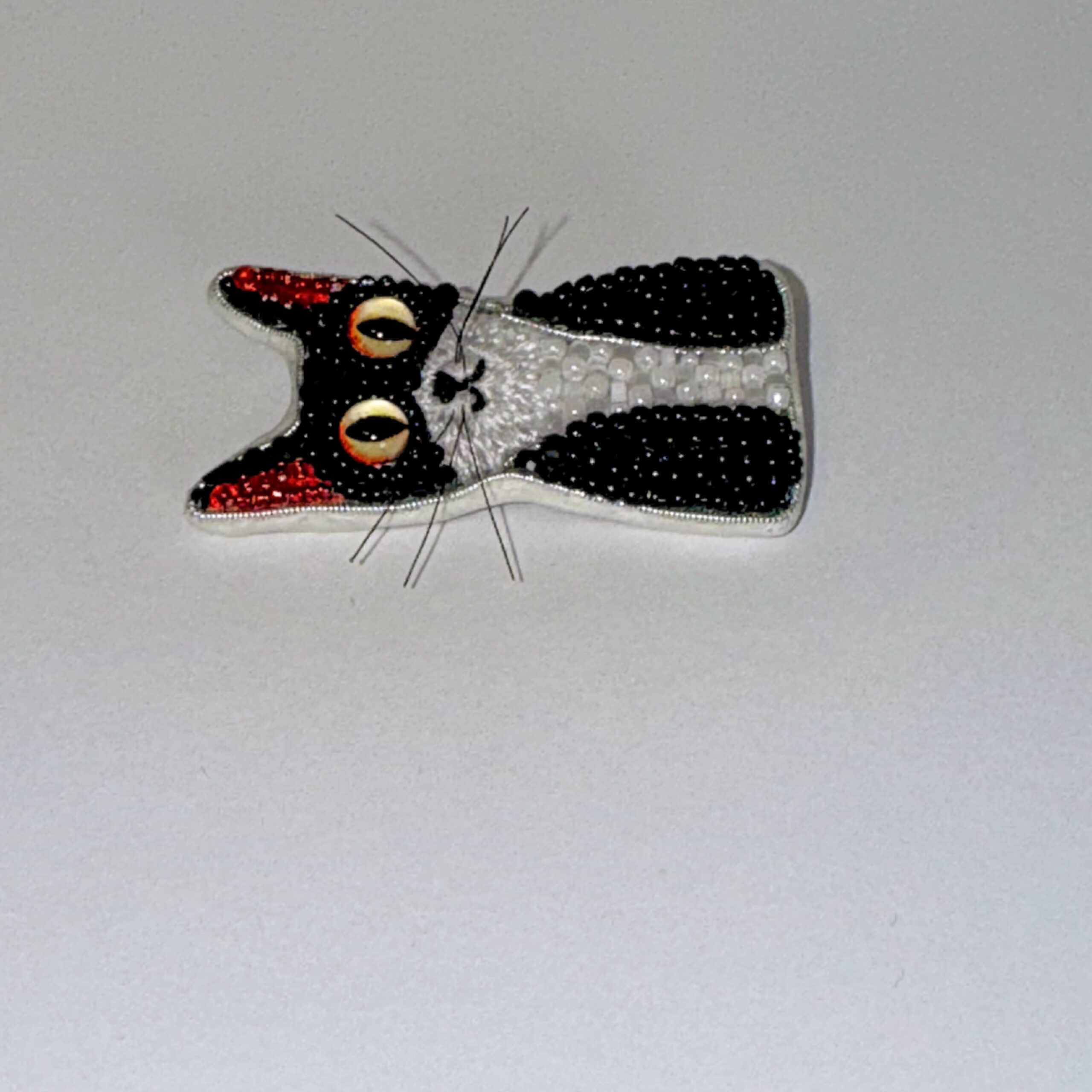 Black and White Tuxedo Cat Brooch with Red Ears, Beaded Kitten Pin, Handmade Embroidered Cat Jewelry, Whimsical Animal Brooch, Unique Cat Lover Gift, Hand-Stitched Kitten Accessory, P.S. Jewelry — view 5