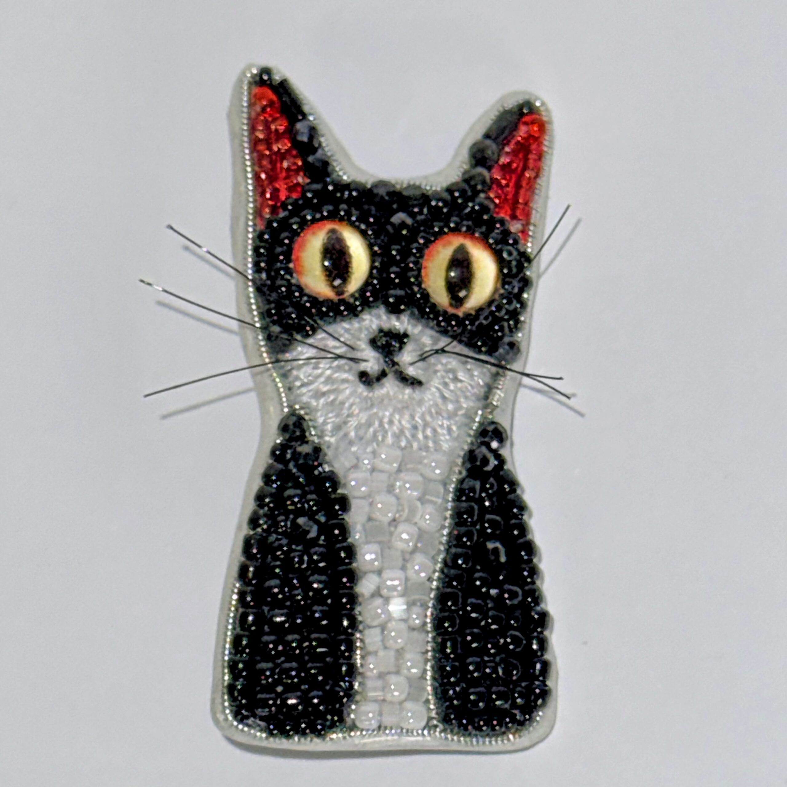 Black and White Tuxedo Cat Brooch with Red Ears, Beaded Kitten Pin, Handmade Embroidered Cat Jewelry, Whimsical Animal Brooch, Unique Cat Lover Gift, Hand-Stitched Kitten Accessory, P.S. Jewelry — view 10