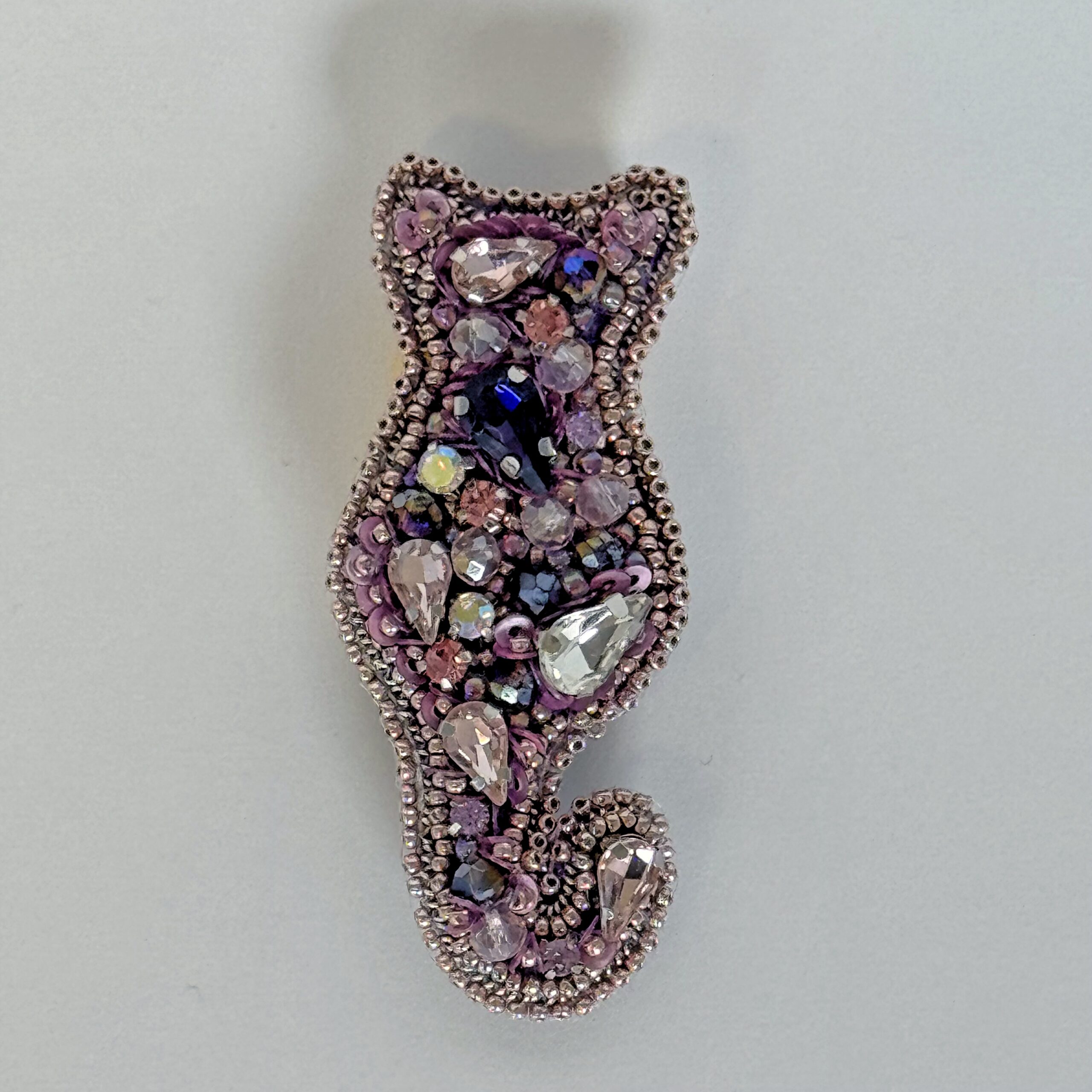 Handmade cat silhouette brooch, beaded and crystal brooch, gift cat brooch. — view 2