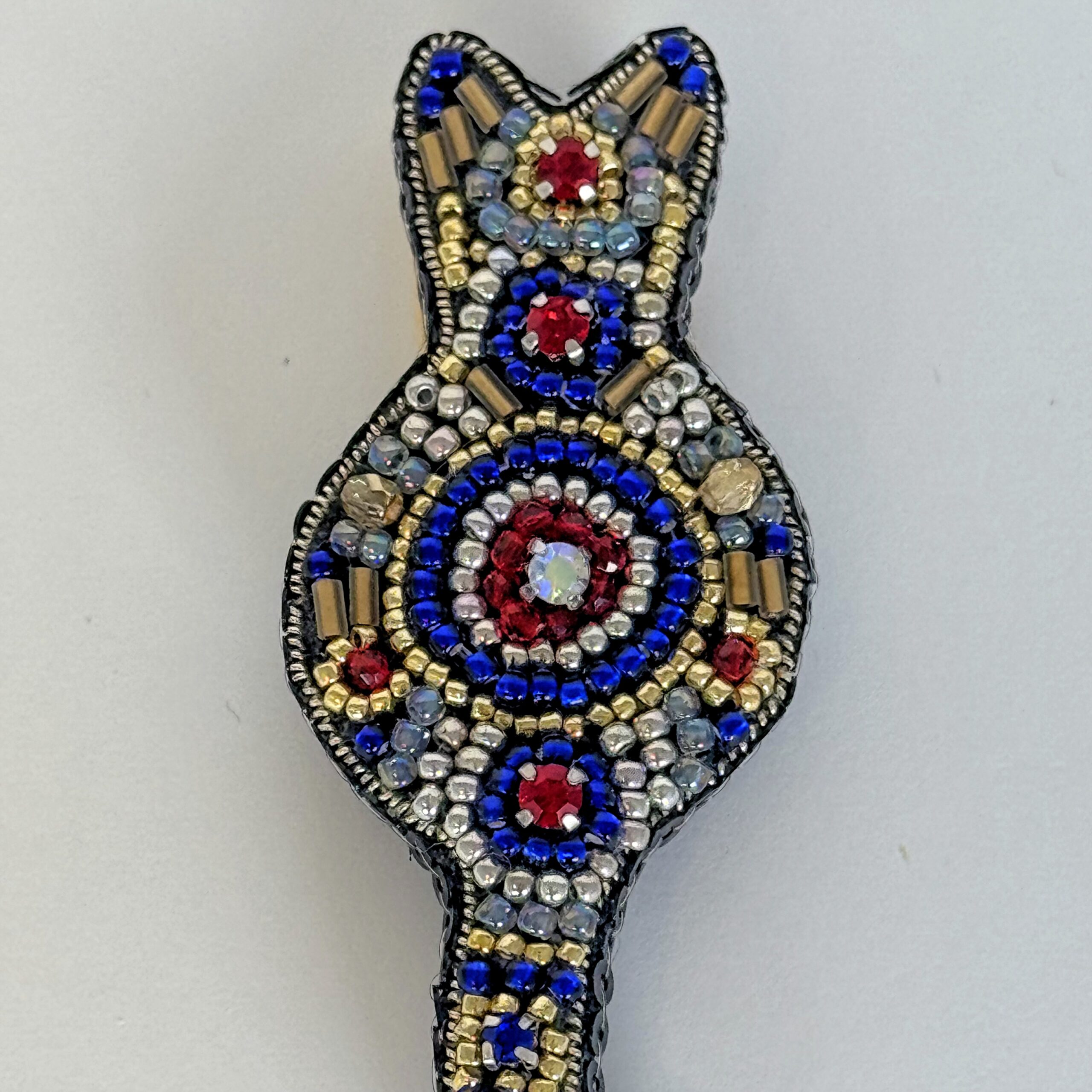 Royal Blue and Gold Cat Brooch, Beaded Animal Pin with Red Rhinestone, Whimsical Cat Lover Gift, Handmade Embroidered Jewelry, P.S. Jewelry — view 4