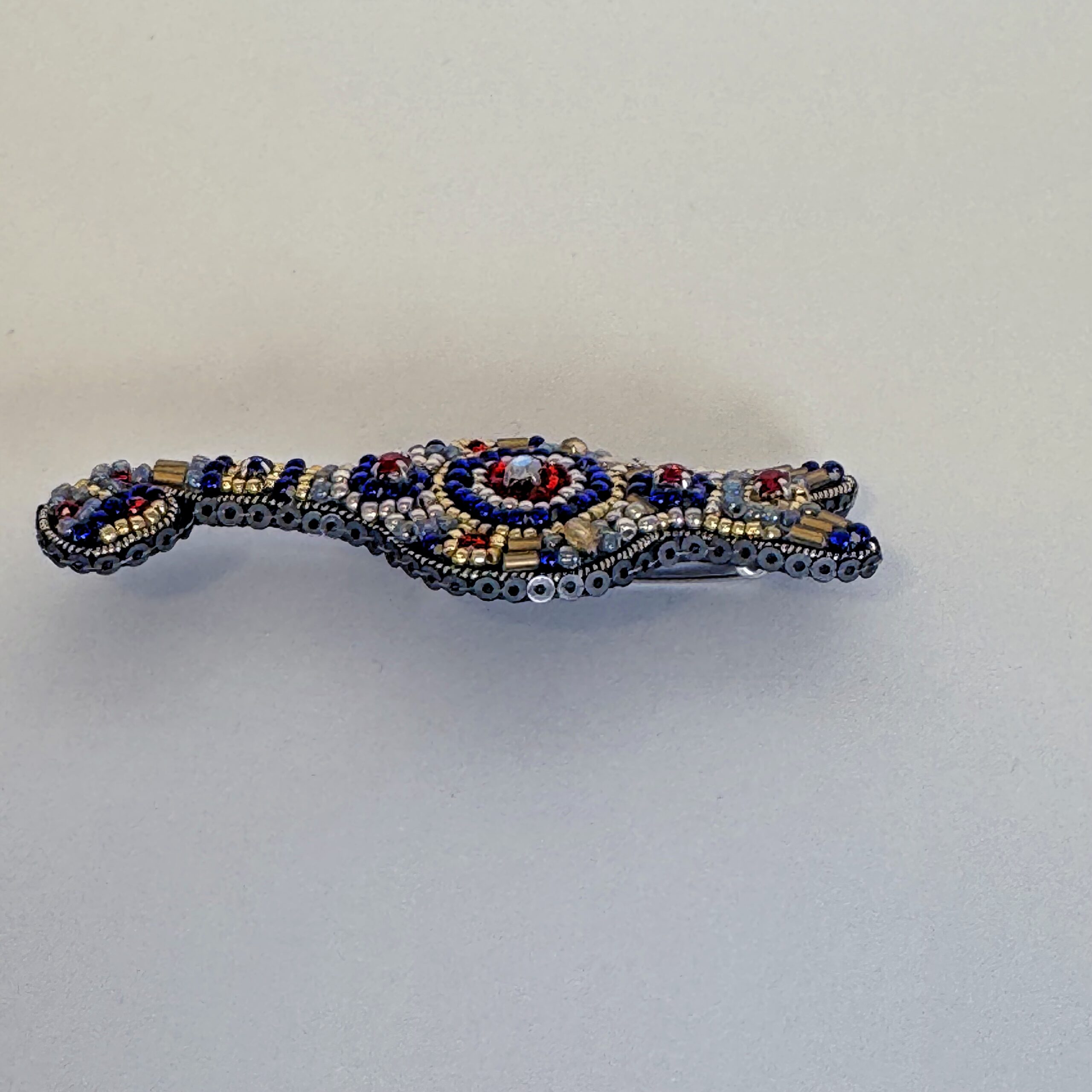 Royal Blue and Gold Cat Brooch, Beaded Animal Pin with Red Rhinestone, Whimsical Cat Lover Gift, Handmade Embroidered Jewelry, P.S. Jewelry — view 6