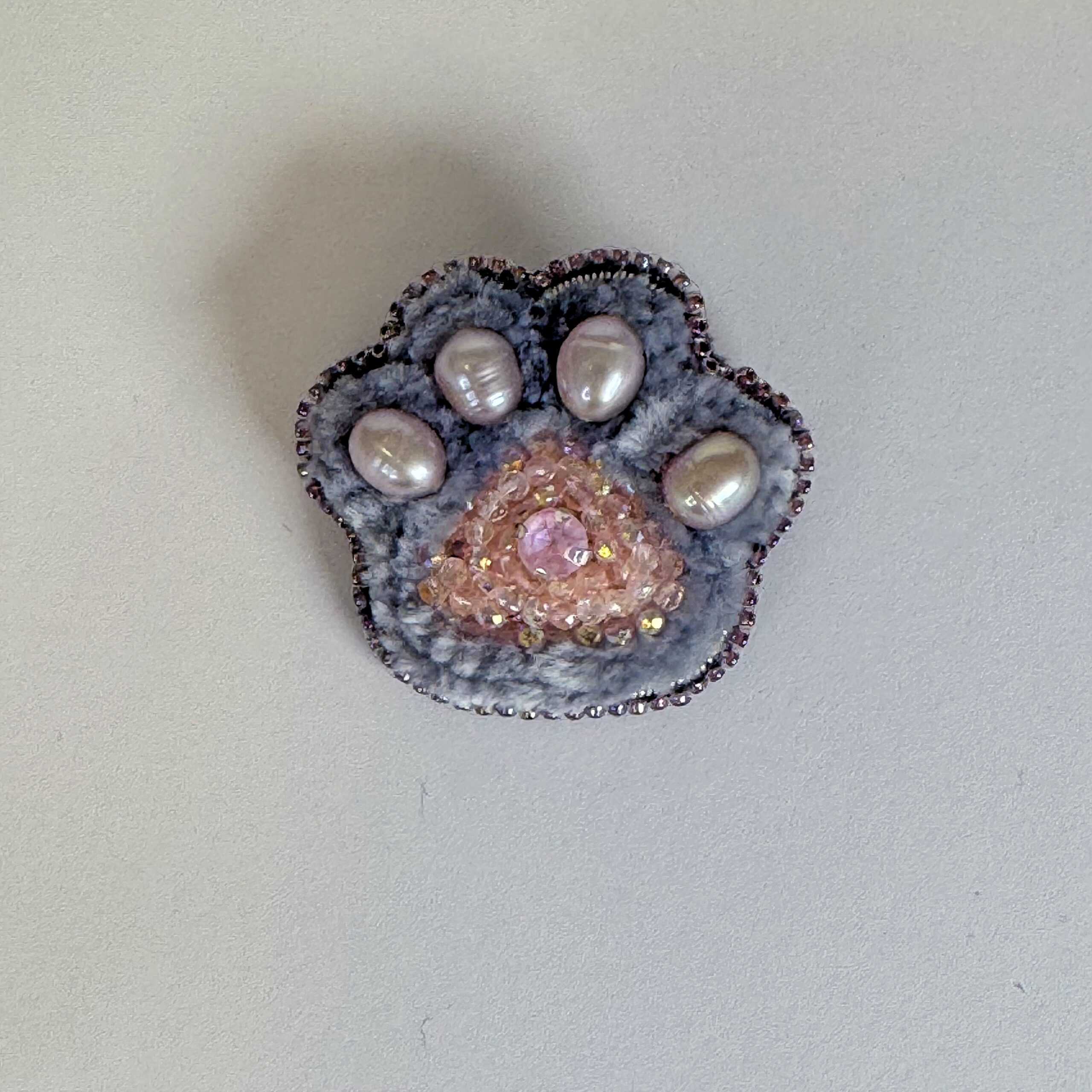Grey Pink Paw Print Brooch, Pearl Paw Pin Crystal Bead, Handmade Animal Jewelry, Unique Cat Dog Lover Gift — view 1