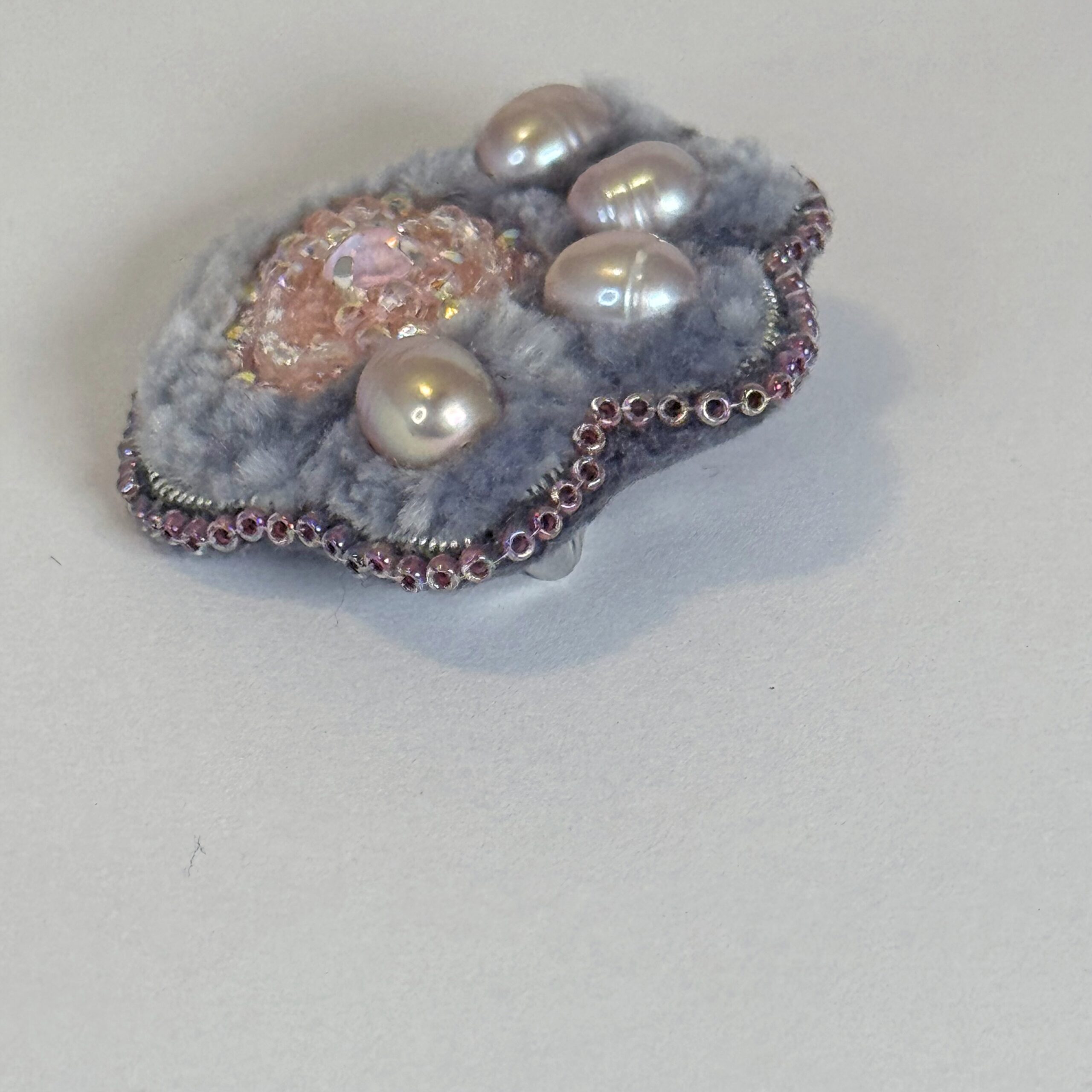 Grey Pink Paw Print Brooch, Pearl Paw Pin Crystal Bead, Handmade Animal Jewelry, Unique Cat Dog Lover Gift — view 4