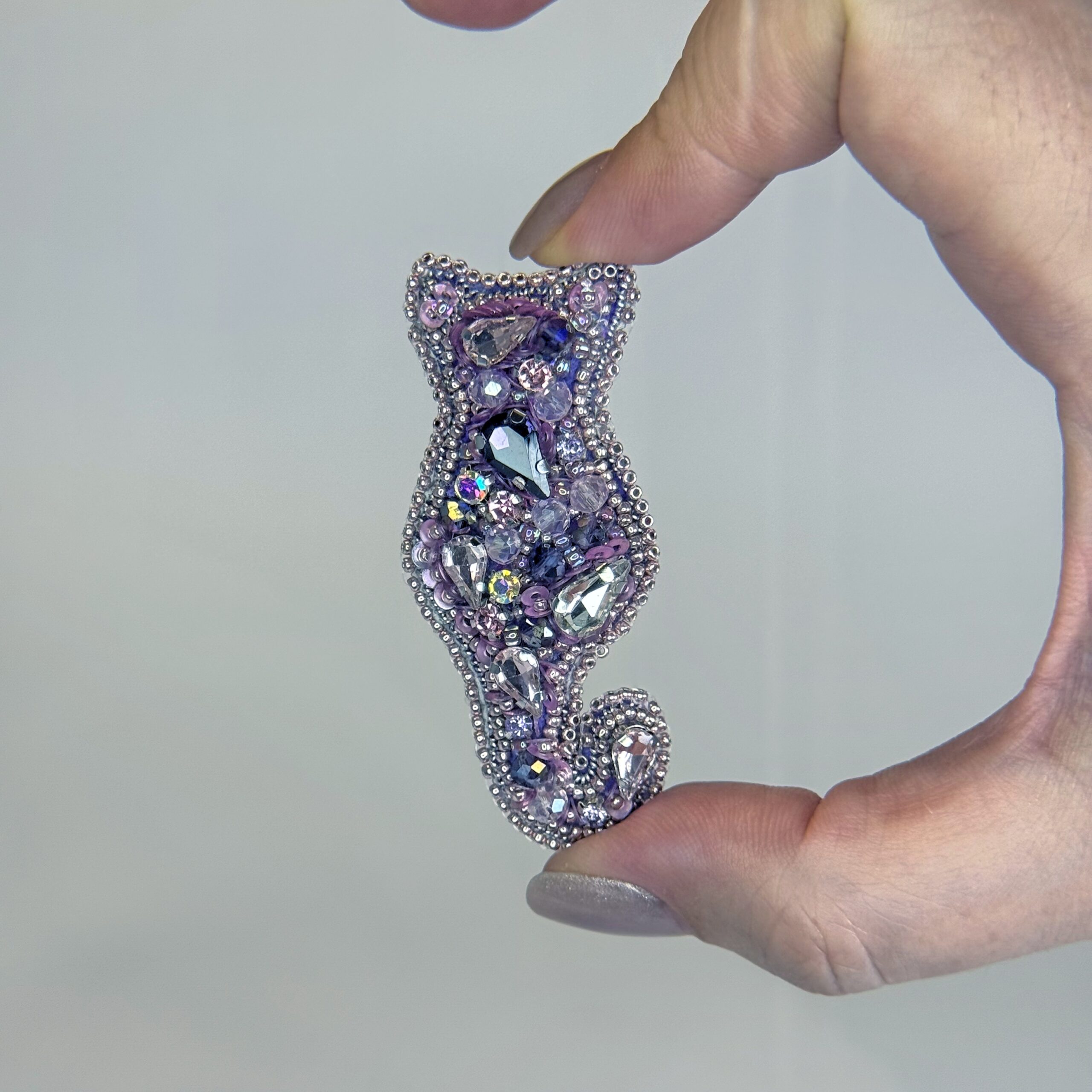 Handmade cat silhouette brooch, beaded and crystal brooch, gift cat brooch. — view 7