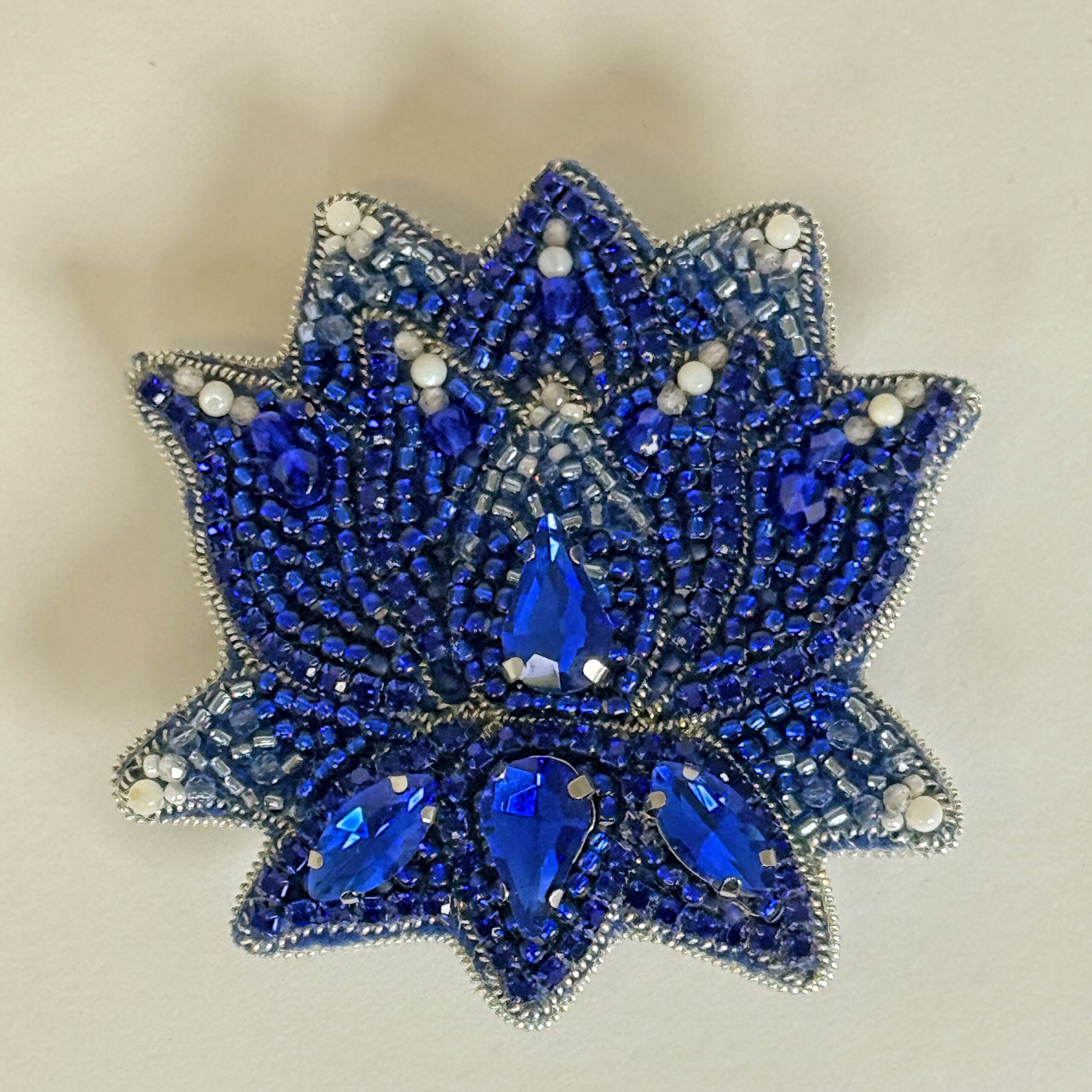 Royal Blue Lotus Flower Brooch Crystal, Mother of Pearl Lotus Pin, Handmade Beaded Flower Jewelry, Elegant Gift — view 1