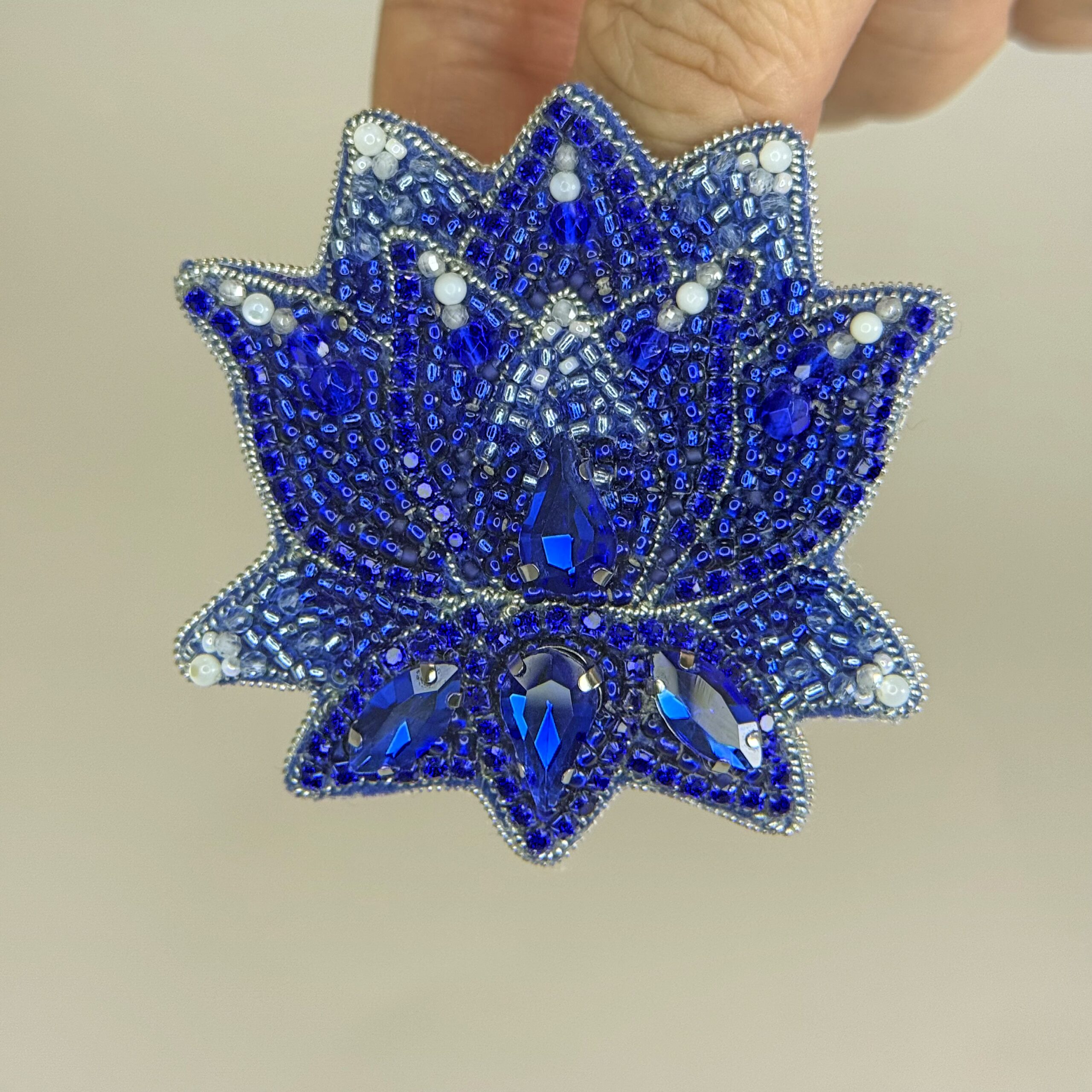 Royal Blue Lotus Flower Brooch Crystal, Mother of Pearl Lotus Pin, Handmade Beaded Flower Jewelry, Elegant Gift — view 5