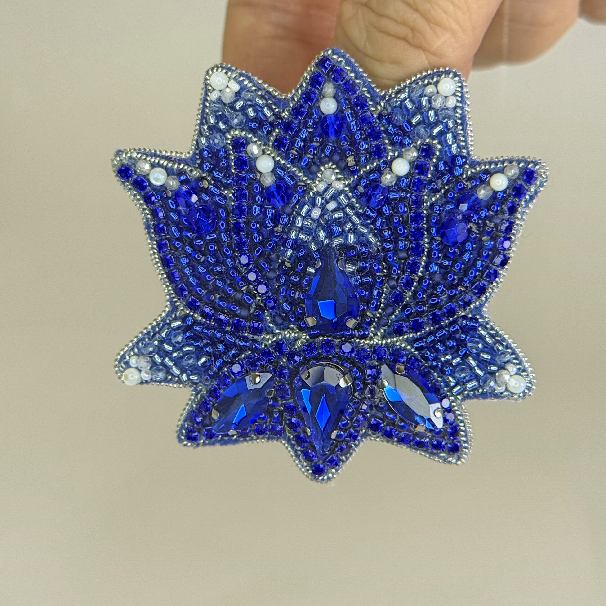 Royal Blue Lotus Flower Brooch Crystal, Mother of Pearl Lotus Pin, Handmade Beaded Flower Jewelry, Elegant Gift — view 6