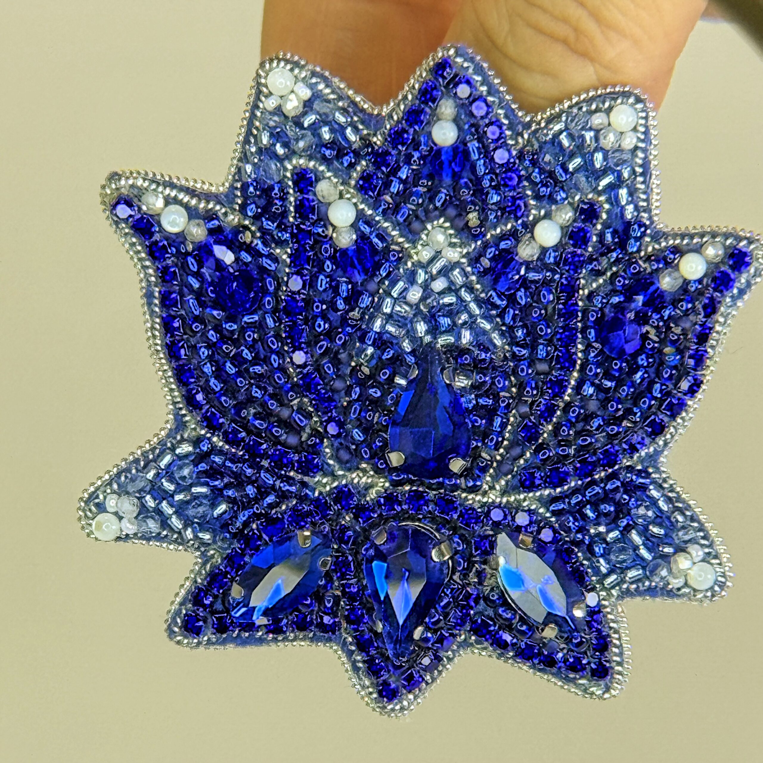 Royal Blue Lotus Flower Brooch Crystal, Mother of Pearl Lotus Pin, Handmade Beaded Flower Jewelry, Elegant Gift — view 7