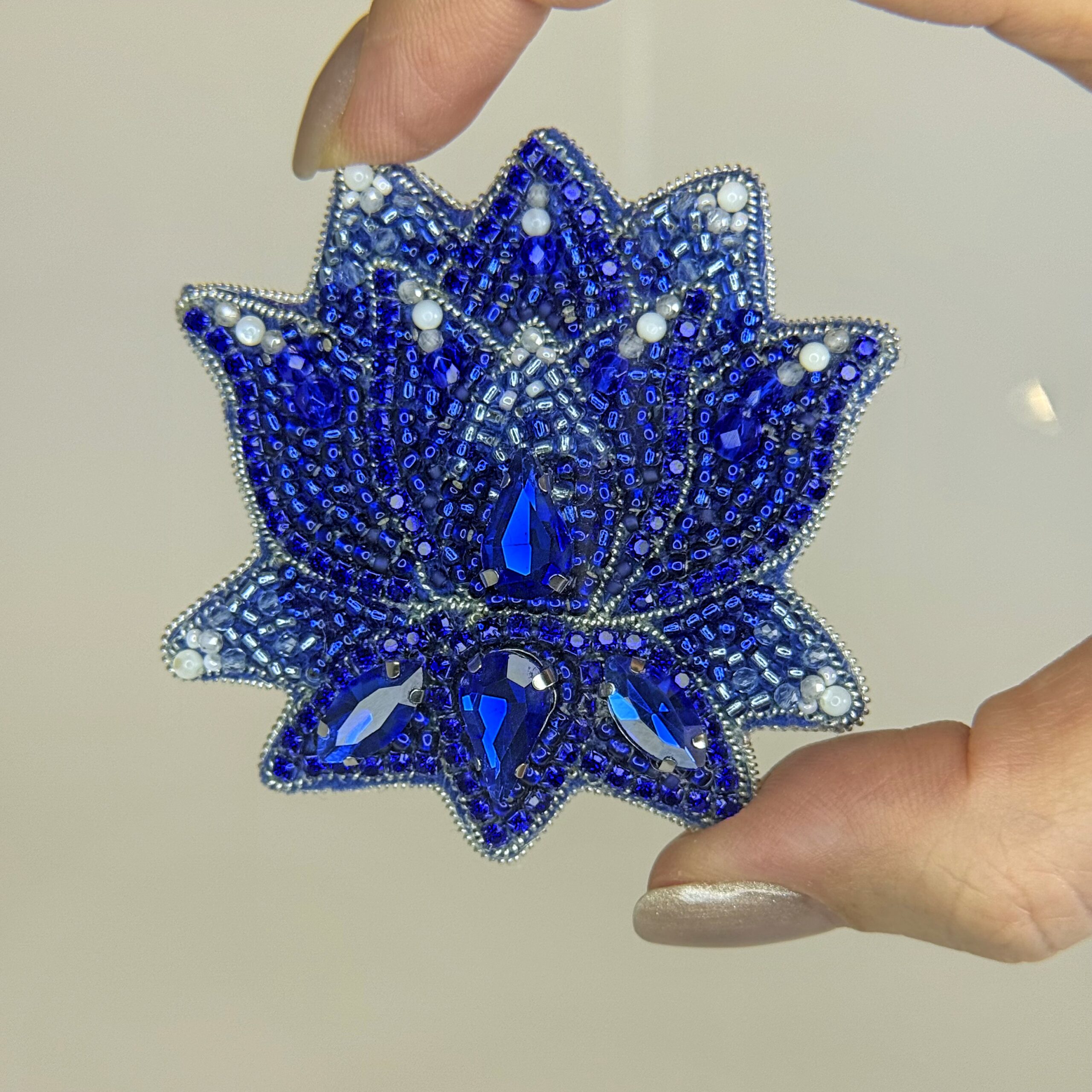 Royal Blue Lotus Flower Brooch Crystal, Mother of Pearl Lotus Pin, Handmade Beaded Flower Jewelry, Elegant Gift — view 8