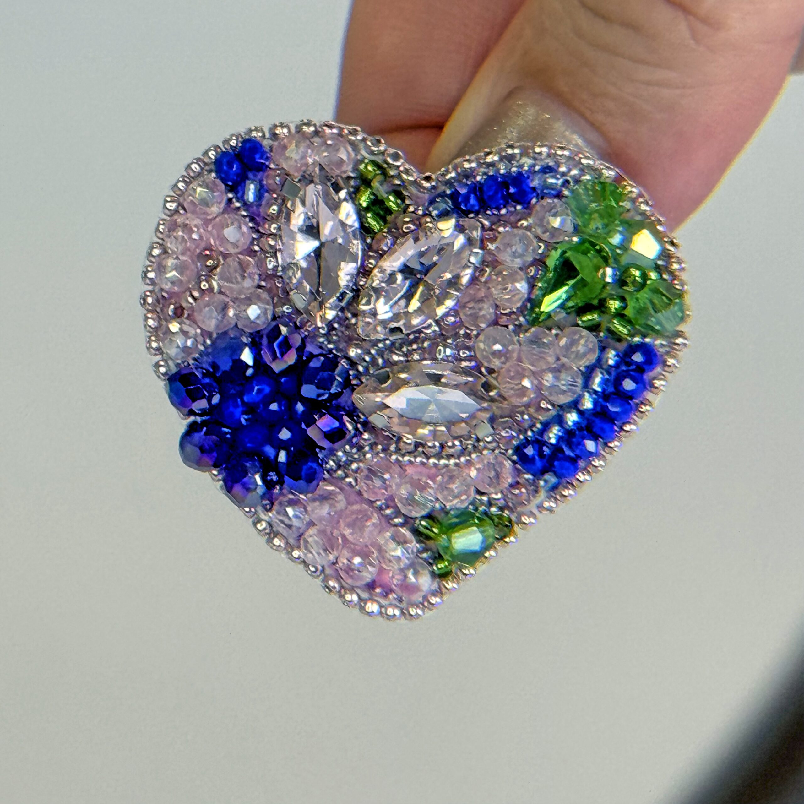 Blue Silver Crystal Heart Brooch, Marquise Crystal Beaded Heart Pin, Handmade Elegant Heart Jewelry, Sapphire Gift — view 6