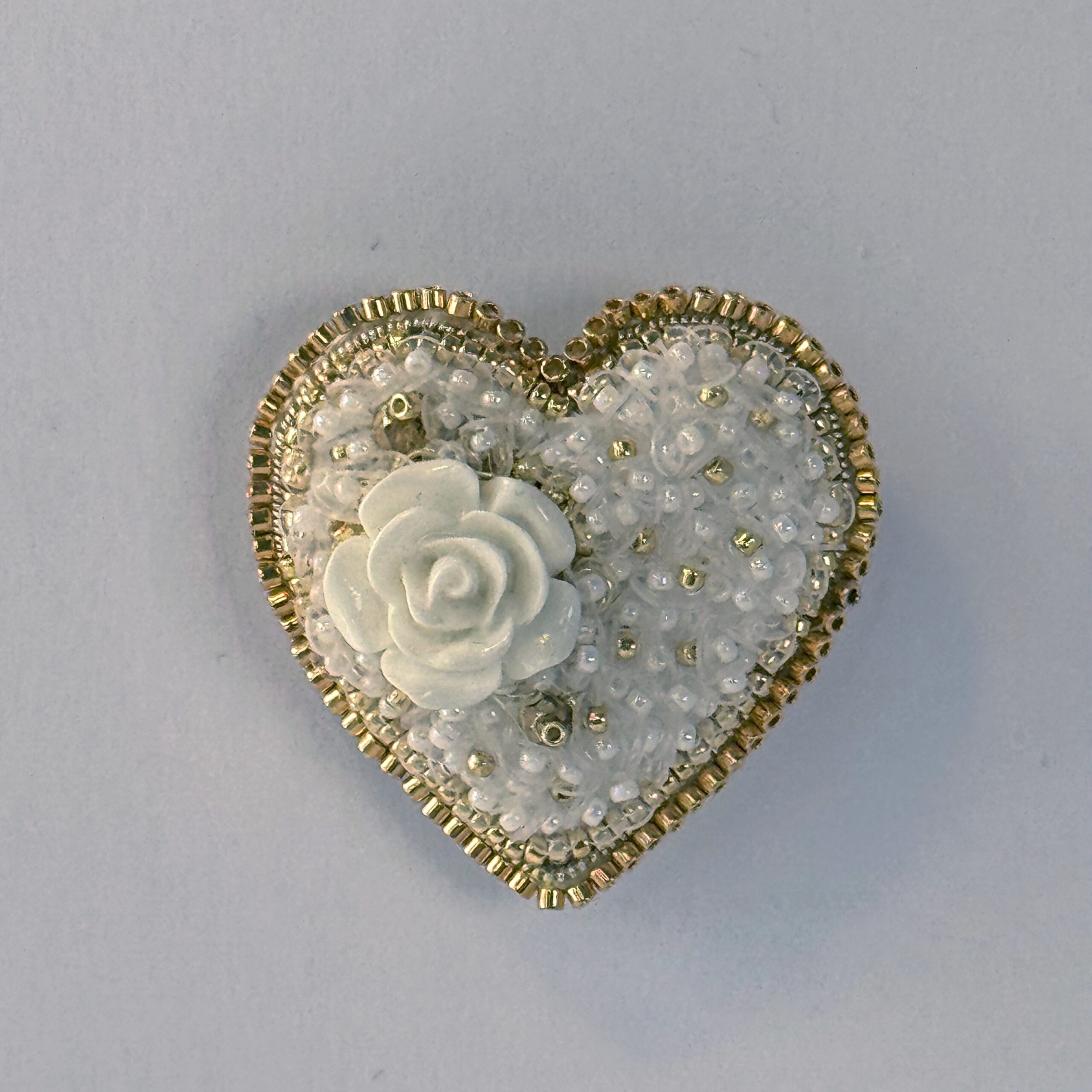 White Gold Rose Heart Brooch, Ivory Beaded Heart Pin with Rose Cabochon, Handmade Elegant Bridal Jewelry, Wedding Gift — view 1