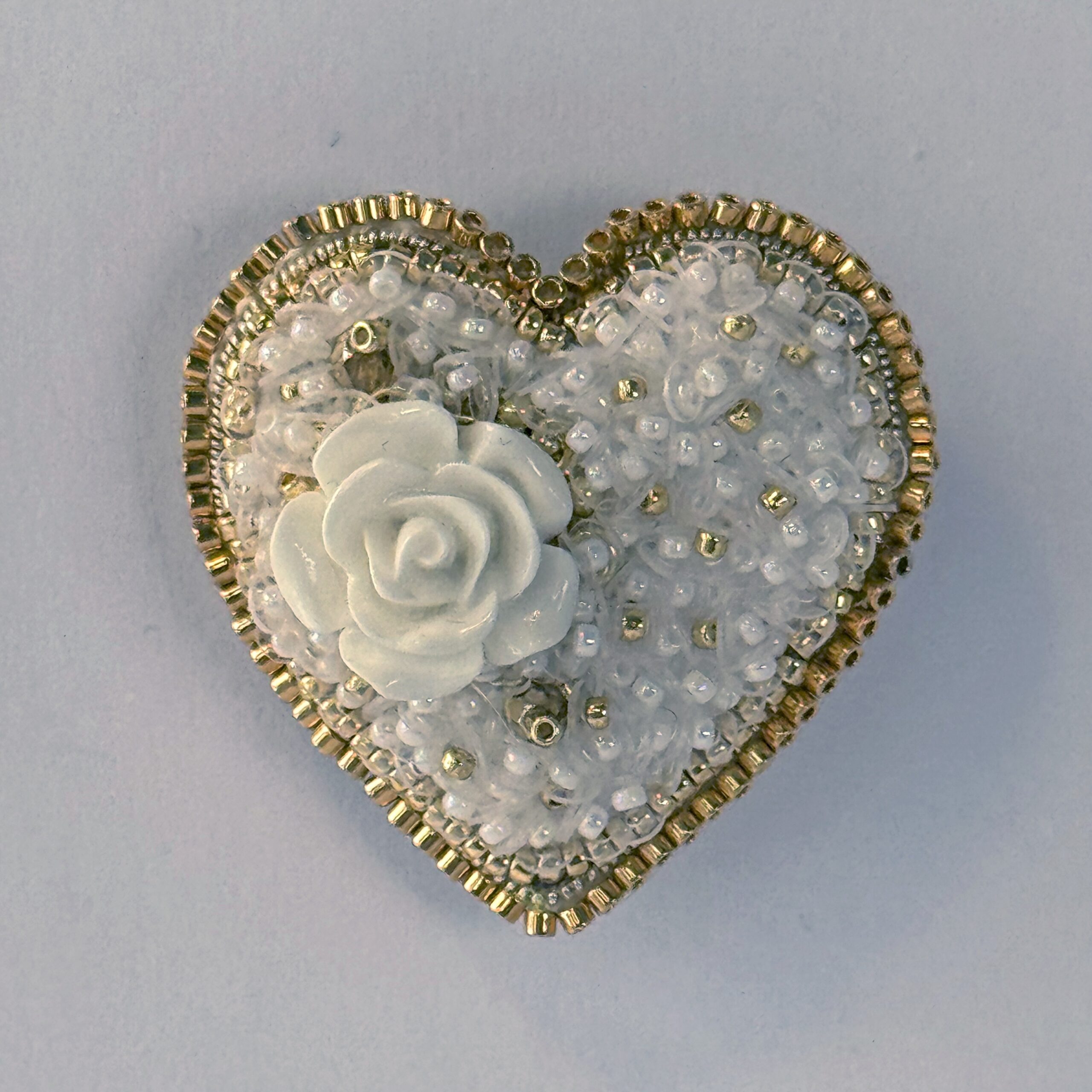 White Gold Rose Heart Brooch, Ivory Beaded Heart Pin with Rose Cabochon, Handmade Elegant Bridal Jewelry, Wedding Gift — view 2