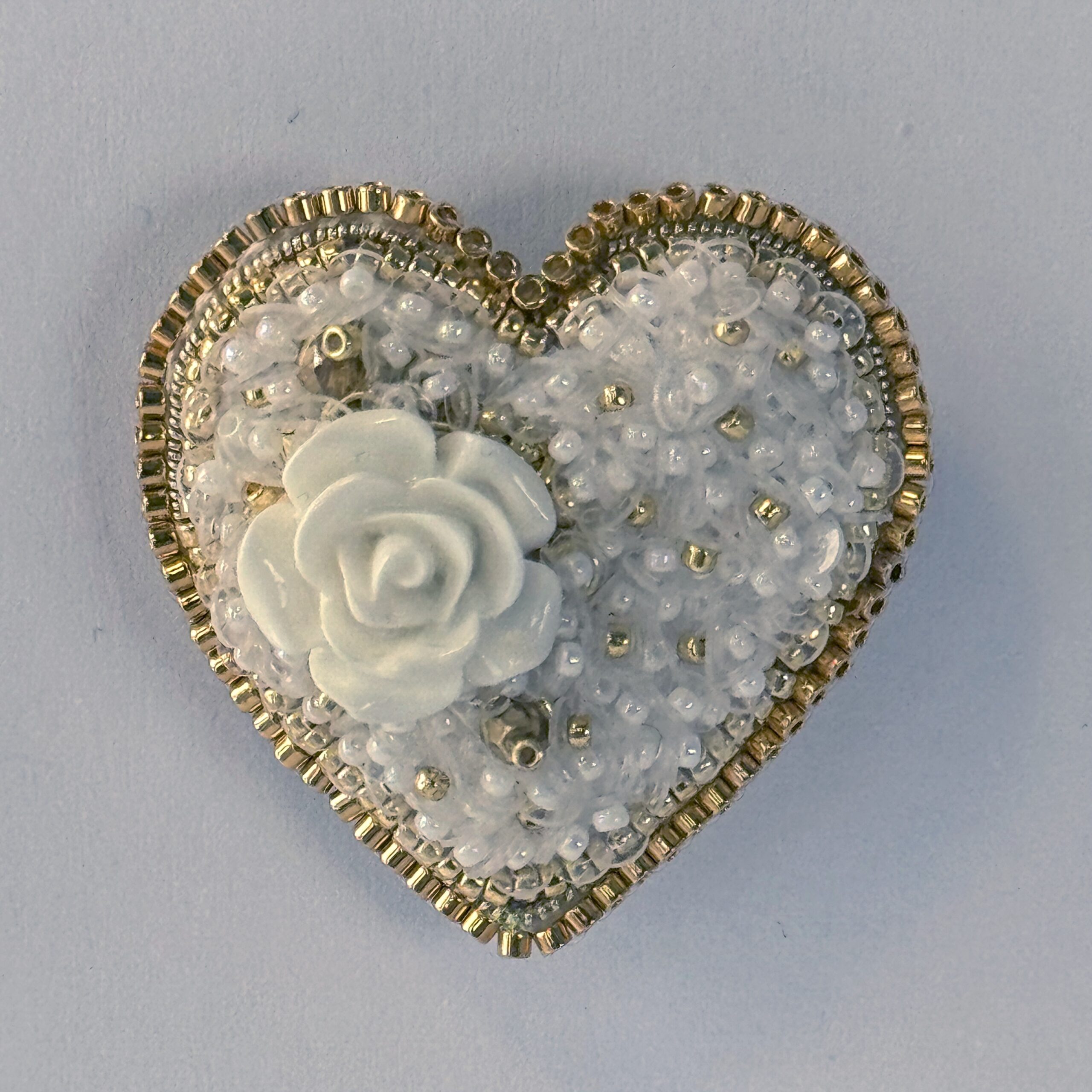 White Gold Rose Heart Brooch, Ivory Beaded Heart Pin with Rose Cabochon, Handmade Elegant Bridal Jewelry, Wedding Gift — view 3