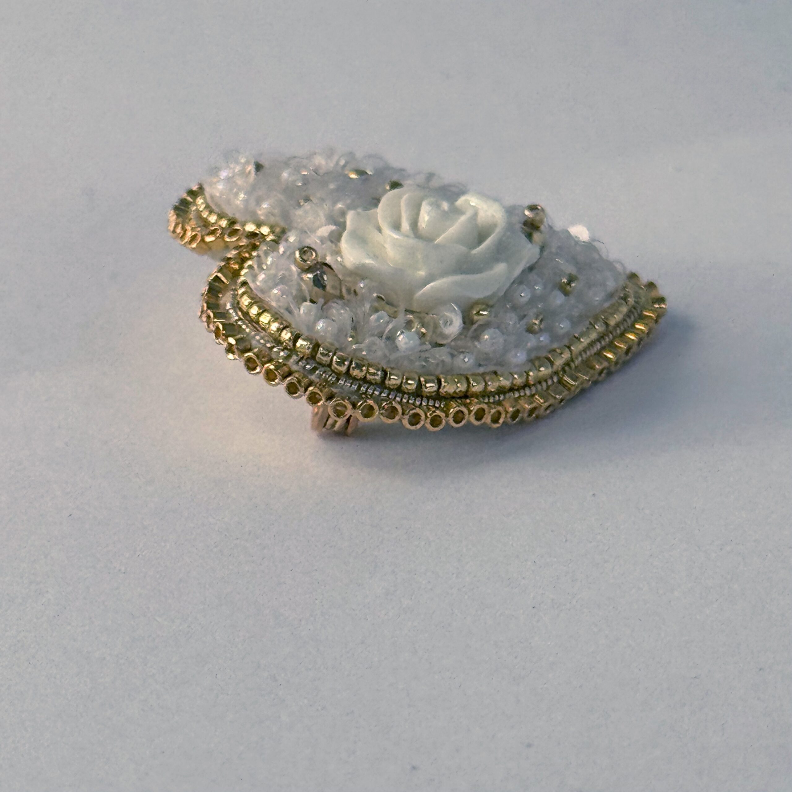 White Gold Rose Heart Brooch, Ivory Beaded Heart Pin with Rose Cabochon, Handmade Elegant Bridal Jewelry, Wedding Gift — view 4