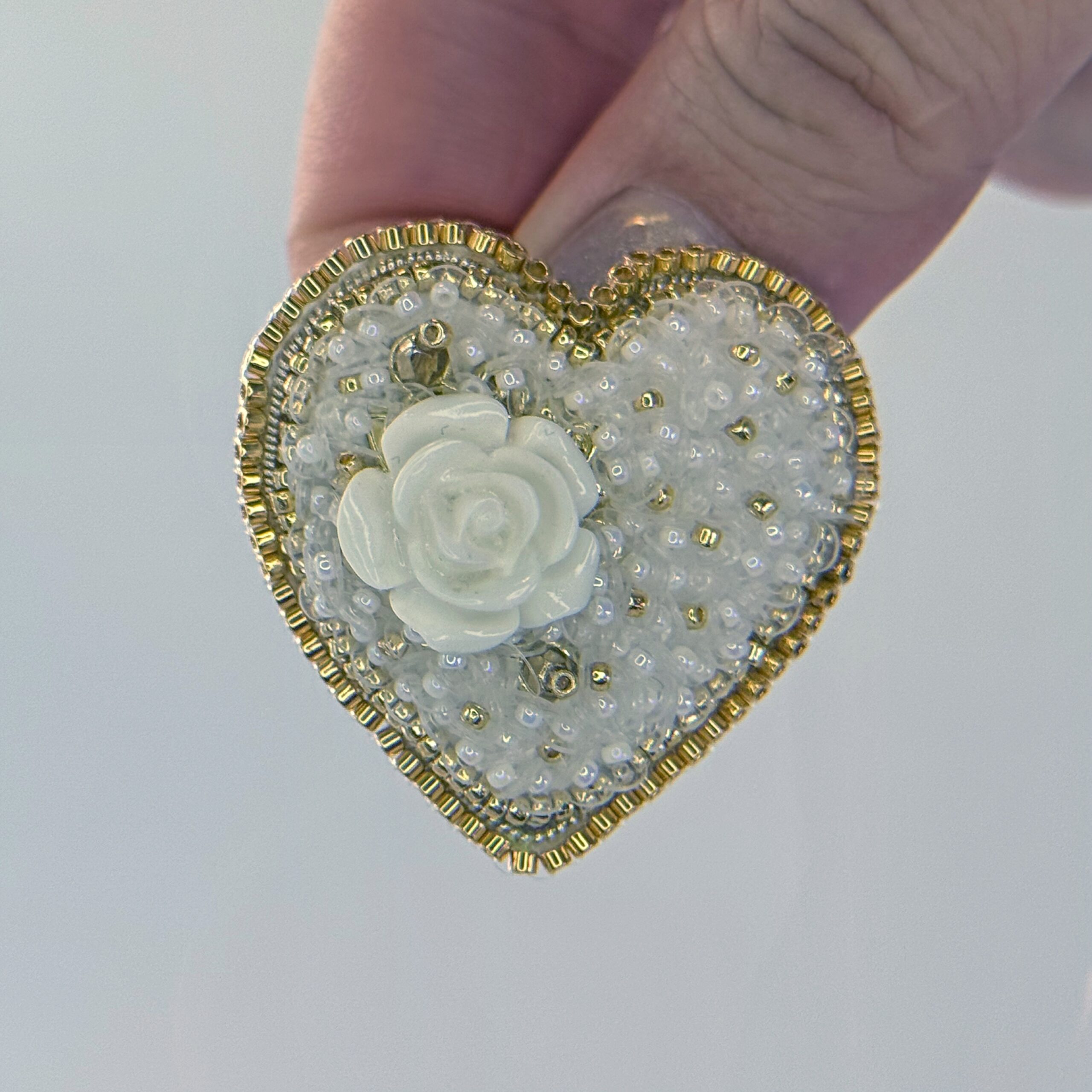 White Gold Rose Heart Brooch, Ivory Beaded Heart Pin with Rose Cabochon, Handmade Elegant Bridal Jewelry, Wedding Gift — view 6