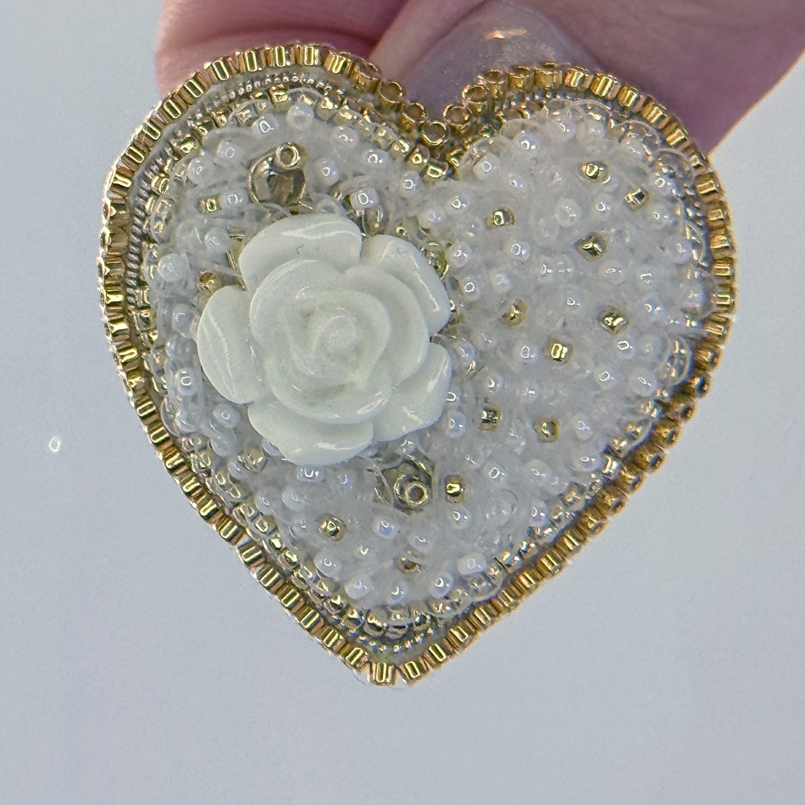 White Gold Rose Heart Brooch, Ivory Beaded Heart Pin with Rose Cabochon, Handmade Elegant Bridal Jewelry, Wedding Gift — view 8