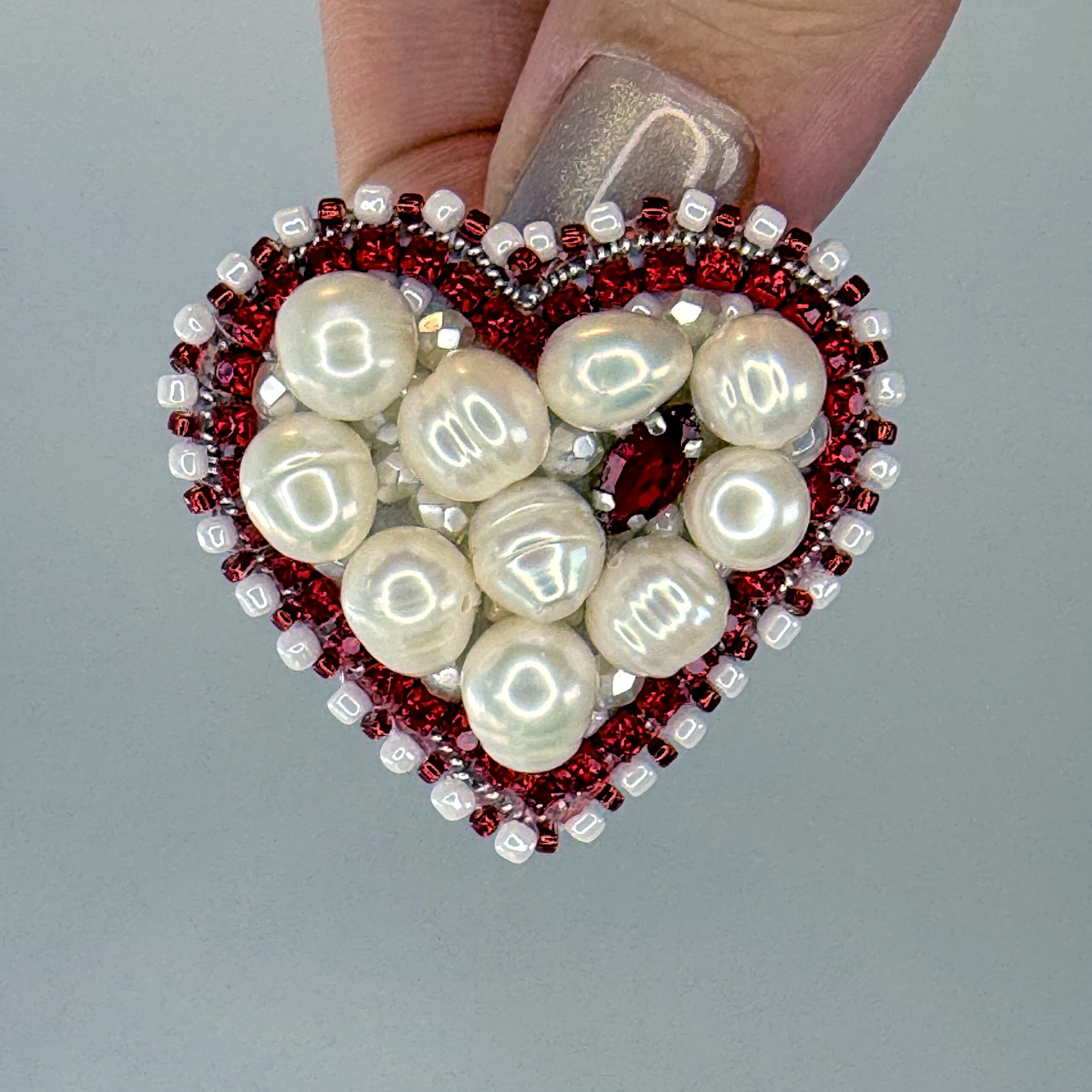 Red Heart Brooch Filled with Pearls, White Pearl Heart Pin Red Border, Handmade Romantic Jewelry, Love Gift for Her — view 4