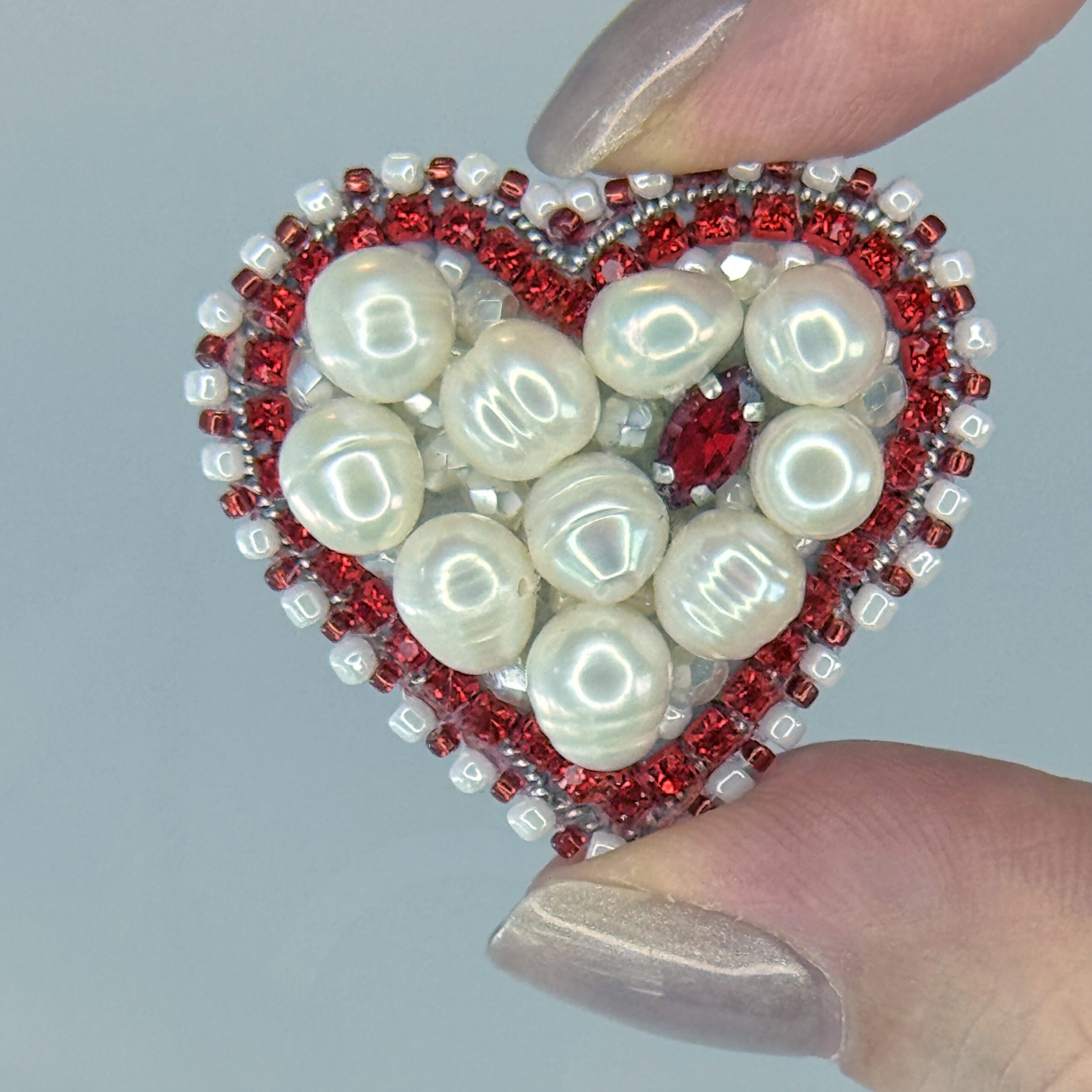 Red Heart Brooch Filled with Pearls, White Pearl Heart Pin Red Border, Handmade Romantic Jewelry, Love Gift for Her — view 7