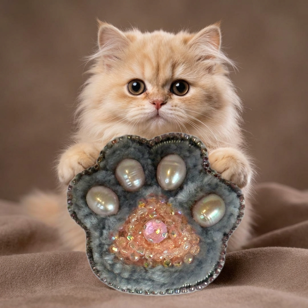 Grey Pink Paw Print Brooch, Pearl Paw Pin Crystal Bead, Handmade Animal Jewelry, Unique Cat Dog Lover Gift